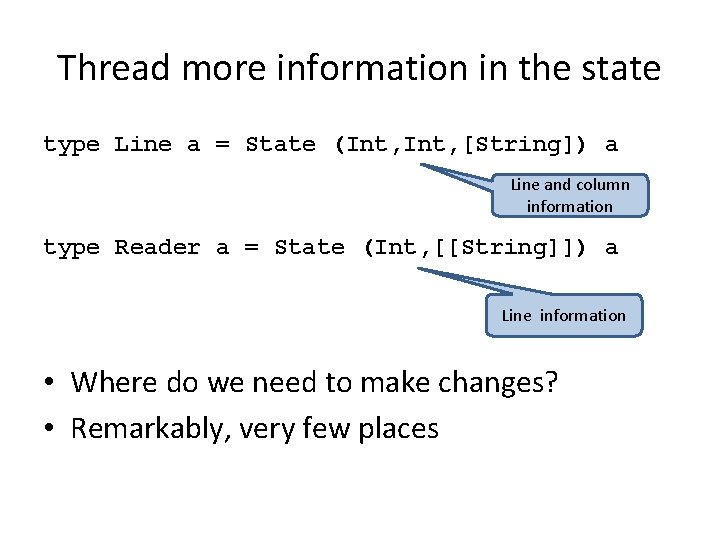 Thread more information in the state type Line a = State (Int, [String]) a
