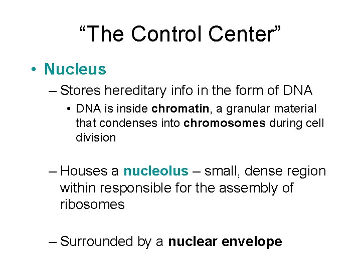“The Control Center” • Nucleus – Stores hereditary info in the form of DNA