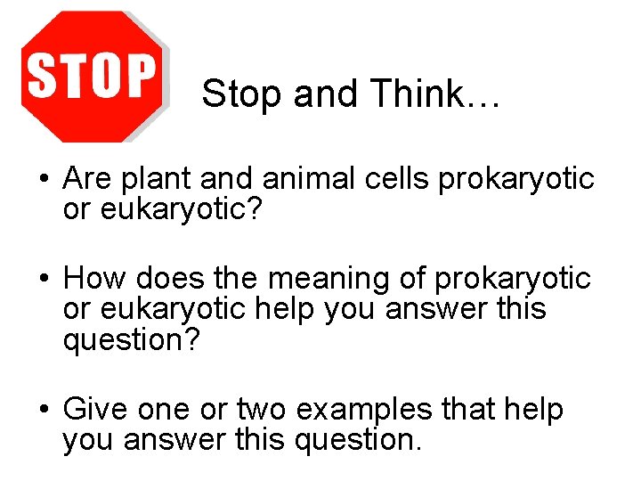 Stop and Think… • Are plant and animal cells prokaryotic or eukaryotic? • How