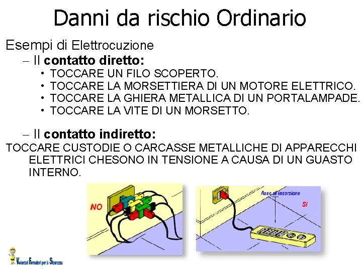 Danni da rischio Ordinario Esempi di Elettrocuzione – Il contatto diretto: • • TOCCARE