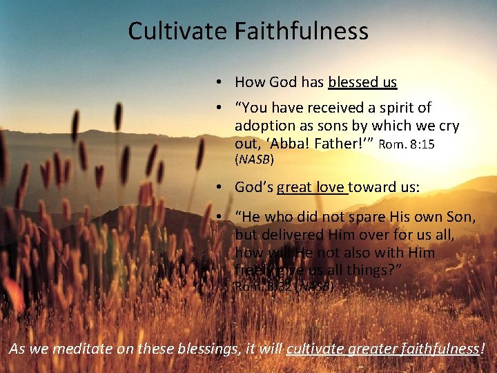 Cultivate Faithfulness • How God has blessed us • “You have received a spirit