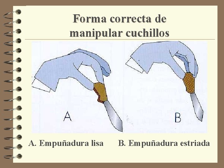 Forma correcta de manipular cuchillos A. Empuñadura lisa B. Empuñadura estriada 