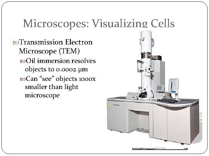 Microscopes: Visualizing Cells Transmission Electron Microscope (TEM) Oil immersion resolves objects to 0. 0002