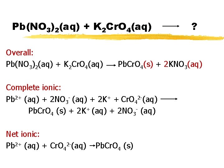 Pb(NO 3)2(aq) + K 2 Cr. O 4(aq) Overall: Pb(NO 3)2(aq) + K 2