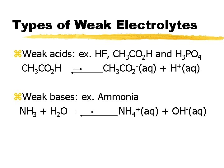 Types of Weak Electrolytes z. Weak acids: ex. HF, CH 3 CO 2 H