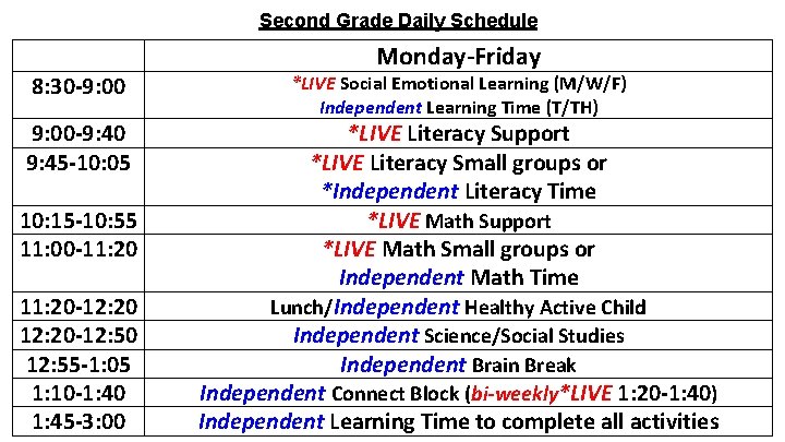 Second Grade Daily Schedule 8: 30 -9: 00 -9: 40 9: 45 -10: 05