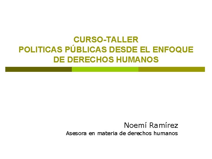 CURSO-TALLER POLITICAS PÚBLICAS DESDE EL ENFOQUE DE DERECHOS HUMANOS Noemí Ramírez Asesora en materia