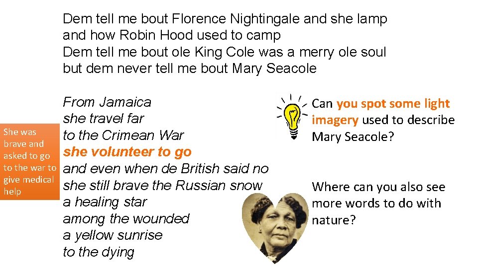 Dem tell me bout Florence Nightingale and she lamp and how Robin Hood used