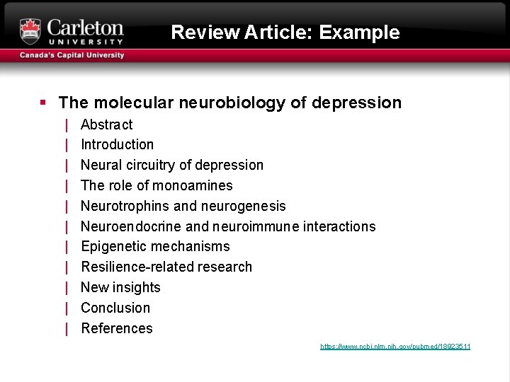 Review Article: Example § The molecular neurobiology of depression | | | Abstract Introduction