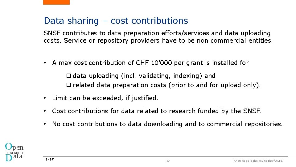 Data sharing – cost contributions SNSF contributes to data preparation efforts/services and data uploading