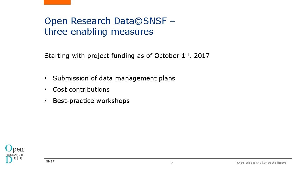 Open Research Data@SNSF – three enabling measures Starting with project funding as of October