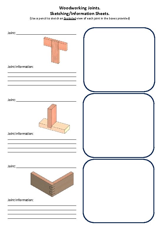 Woodworking Joints. Sketching/Information Sheets. (Use a pencil to sketch an Exploded view of each