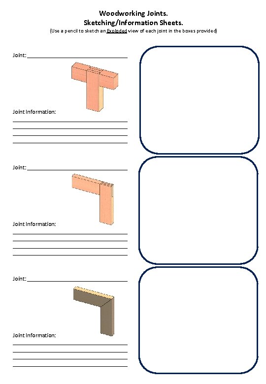Woodworking Joints. Sketching/Information Sheets. (Use a pencil to sketch an Exploded view of each