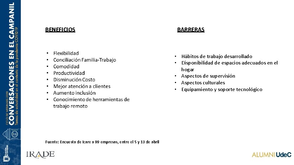 BENEFICIOS BARRERAS • Ha bitos de trabajo desarrollado • Disponibilidad de espacios adecuados en