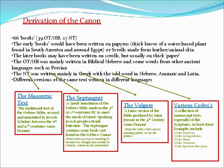 Derivation of the Canon • 66 ‘books’ (39 OT/HB, 27 NT) • The early