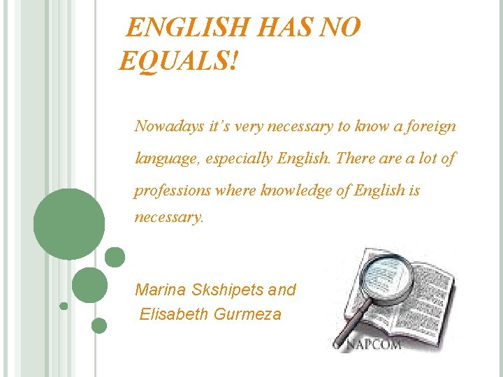 ENGLISH HAS NO EQUALS! Nowadays it’s very necessary to know a foreign language, especially ENGLISH HAS NO EQUALS! Nowadays it’s very necessary to know a foreign language, especially