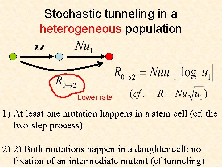 Stochastic tunneling in a heterogeneous population Lower rate 1) At least one mutation happens