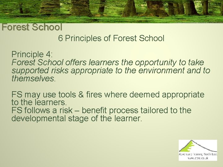 Forest School 6 Principles of Forest School Principle 4: Forest School offers learners the