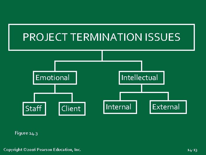 PROJECT TERMINATION ISSUES Emotional Staff Client Intellectual Internal External Figure 14. 3 Copyright ©