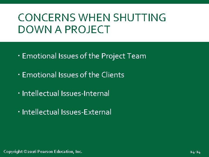 CONCERNS WHEN SHUTTING DOWN A PROJECT Emotional Issues of the Project Team Emotional Issues