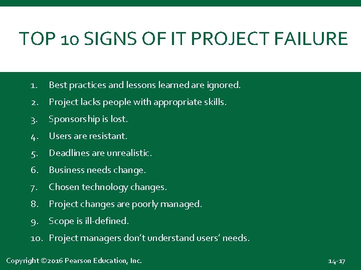 TOP 10 SIGNS OF IT PROJECT FAILURE 1. Best practices and lessons learned are