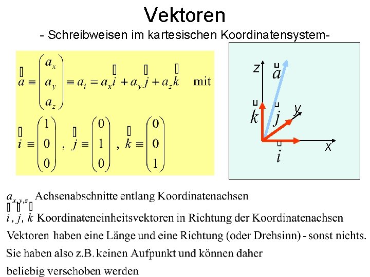 Vektoren - Schreibweisen im kartesischen Koordinatensystem- z y x 