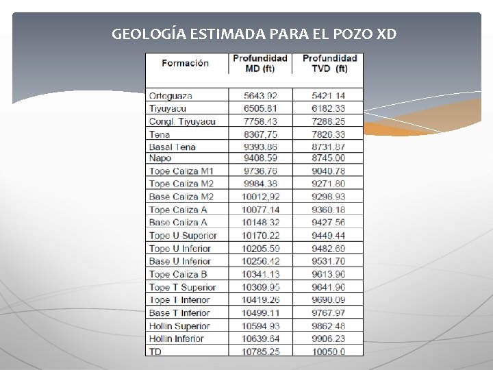 GEOLOGÍA ESTIMADA PARA EL POZO XD 