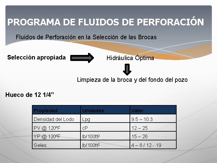 PROGRAMA DE FLUIDOS DE PERFORACIÓN Fluidos de Perforación en la Selección de las Brocas