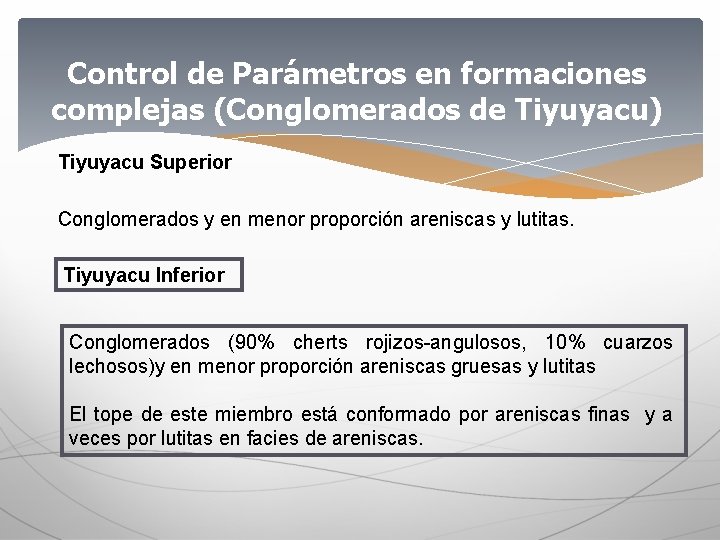 Control de Parámetros en formaciones complejas (Conglomerados de Tiyuyacu) Tiyuyacu Superior Conglomerados y en