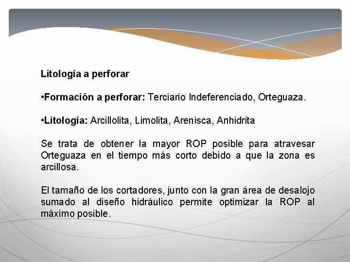 Litología a perforar • Formación a perforar: Terciario Indeferenciado, Orteguaza. • Litología: Arcillolita, Limolita,