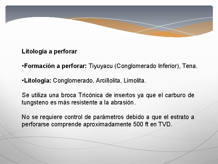 Litología a perforar • Formación a perforar: Tiyuyacu (Conglomerado Inferior), Tena. • Litología: Conglomerado,