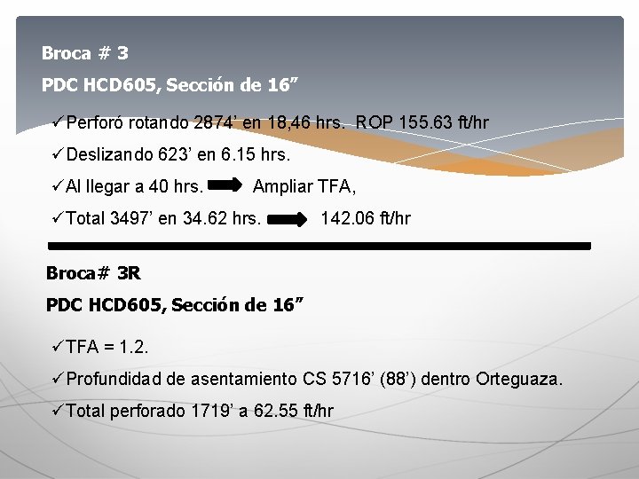 Broca # 3 PDC HCD 605, Sección de 16” üPerforó rotando 2874’ en 18,