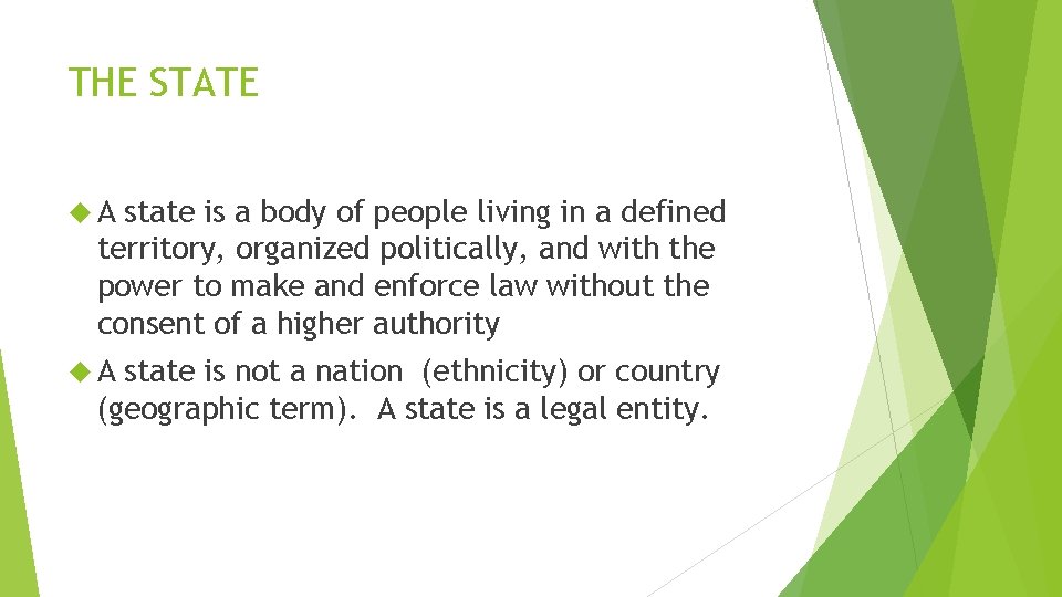 THE STATE A state is a body of people living in a defined territory,