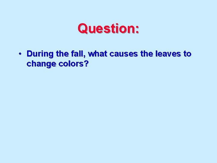 Question: • During the fall, what causes the leaves to change colors? 