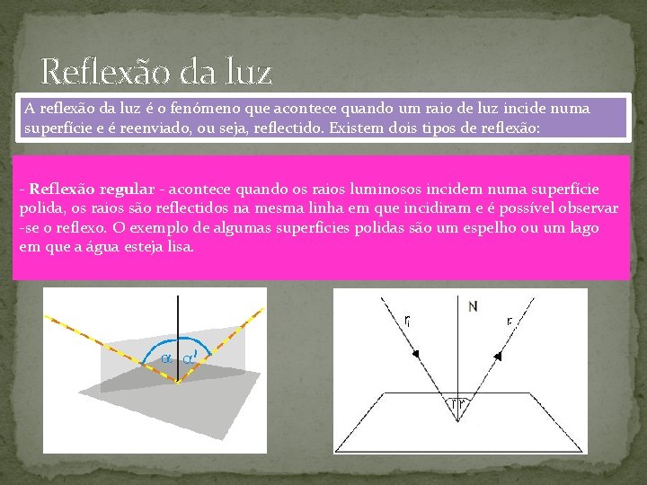 Reflexão da luz A reflexão da luz é o fenómeno que acontece quando um