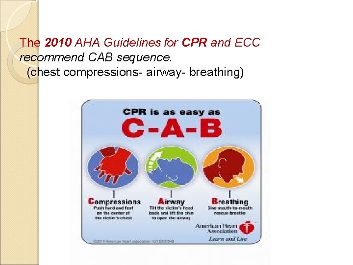 The 2010 AHA Guidelines for CPR and ECC recommend CAB sequence. (chest compressions- airway-