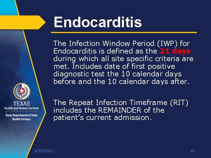 Endocarditis The Infection Window Period (IWP) for Endocarditis is defined as the 21 days