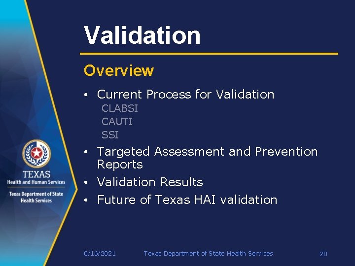 Validation Overview • Current Process for Validation CLABSI CAUTI SSI • Targeted Assessment and