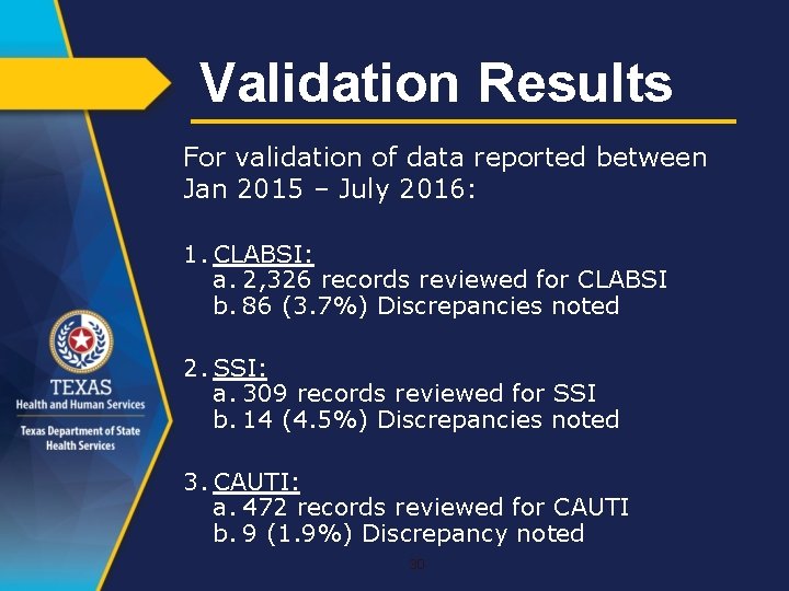 Validation Results For validation of data reported between Jan 2015 – July 2016: 1.
