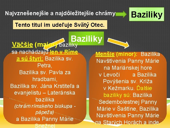 Najvznešenejšie a najdôležitejšie chrámy Baziliky Tento titul im udeľuje Svätý Otec. Baziliky Väčšie (maior)