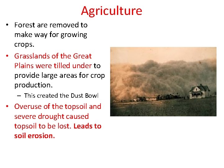 Agriculture • Forest are removed to make way for growing crops. • Grasslands of Agriculture • Forest are removed to make way for growing crops. • Grasslands of