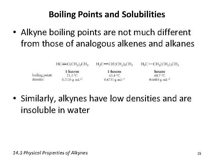 Boiling Points and Solubilities • Alkyne boiling points are not much different from those