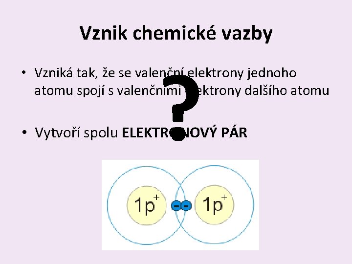 Vznik chemické vazby ? • Vzniká tak, že se valenční elektrony jednoho atomu spojí