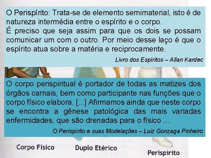 O Perispírito: Perispírito Trata-se de elemento semimaterial, isto é de natureza intermédia entre o