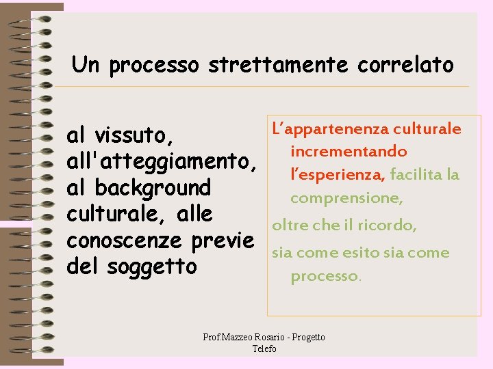 Un processo strettamente correlato L’appartenenza culturale al vissuto, incrementando all'atteggiamento, l’esperienza, facilita la al Un processo strettamente correlato L’appartenenza culturale al vissuto, incrementando all'atteggiamento, l’esperienza, facilita la al