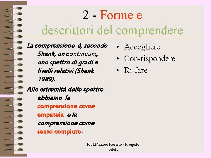 2 - Forme e descrittori del comprendere La comprensione è, secondo Shank, un continuum, 2 - Forme e descrittori del comprendere La comprensione è, secondo Shank, un continuum,