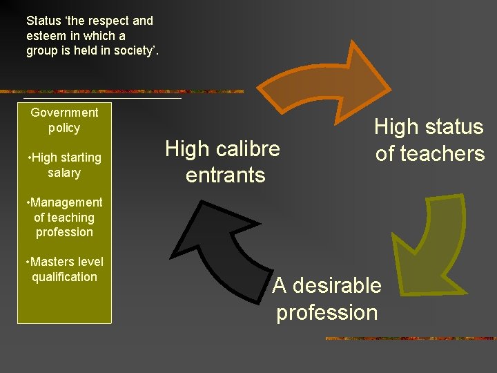 Status ‘the respect and esteem in which a group is held in society’. Government