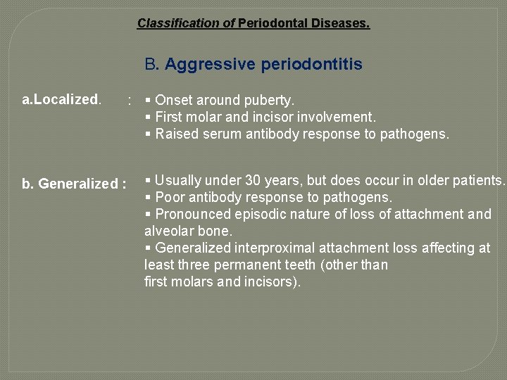 Classification of Periodontal Diseases. B. Aggressive periodontitis a. Localized. b. Generalized : : §