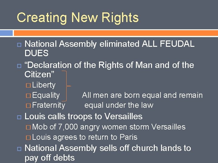 Creating New Rights National Assembly eliminated ALL FEUDAL DUES “Declaration of the Rights of