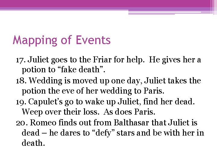 Mapping of Events 17. Juliet goes to the Friar for help. He gives her